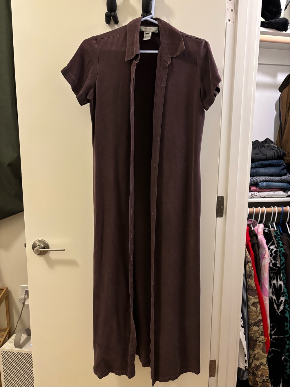 100% Silk Short-Sleeve Button-Front Maxi Dress in Dusty Purple.